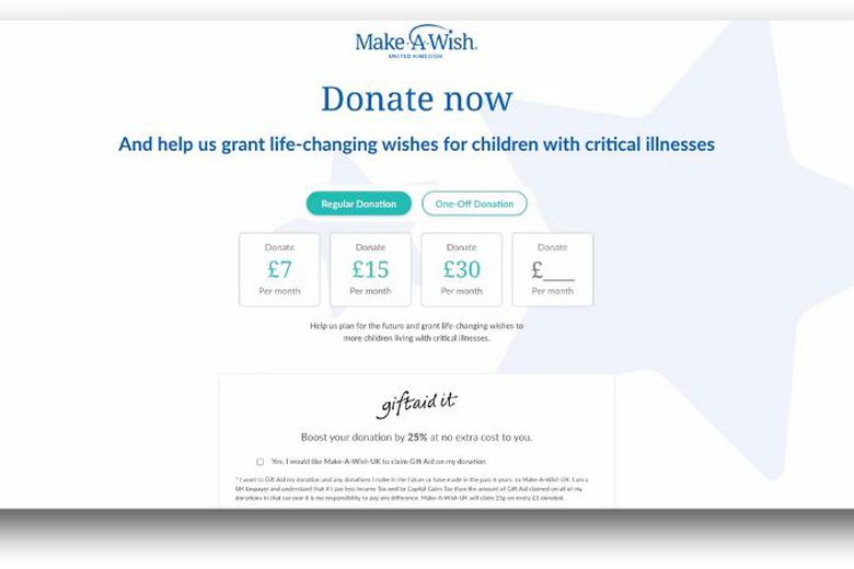 Make-A-Wish UK's bespoke donation platform page