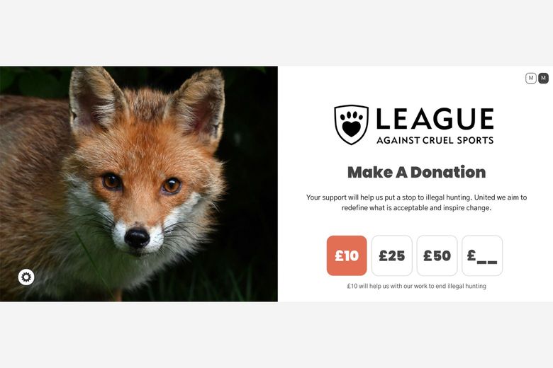 an example of the League Against Cruel Sports' donation platform page